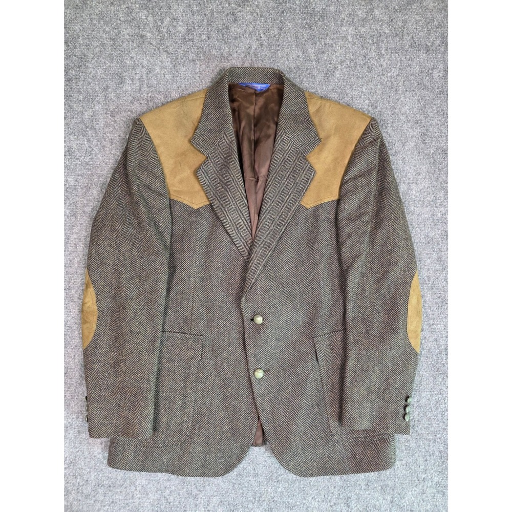 Pendleton‎ Wool Herringbone Blazer Suede Yoke Elbow Patches Western 40 Vintage